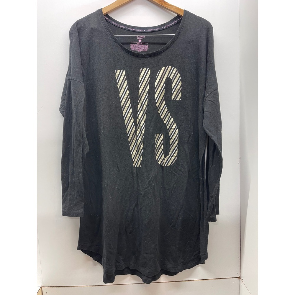 Victoria's Secret Black Long Sleeve Sleep Shirt VS Gold Graphic XL